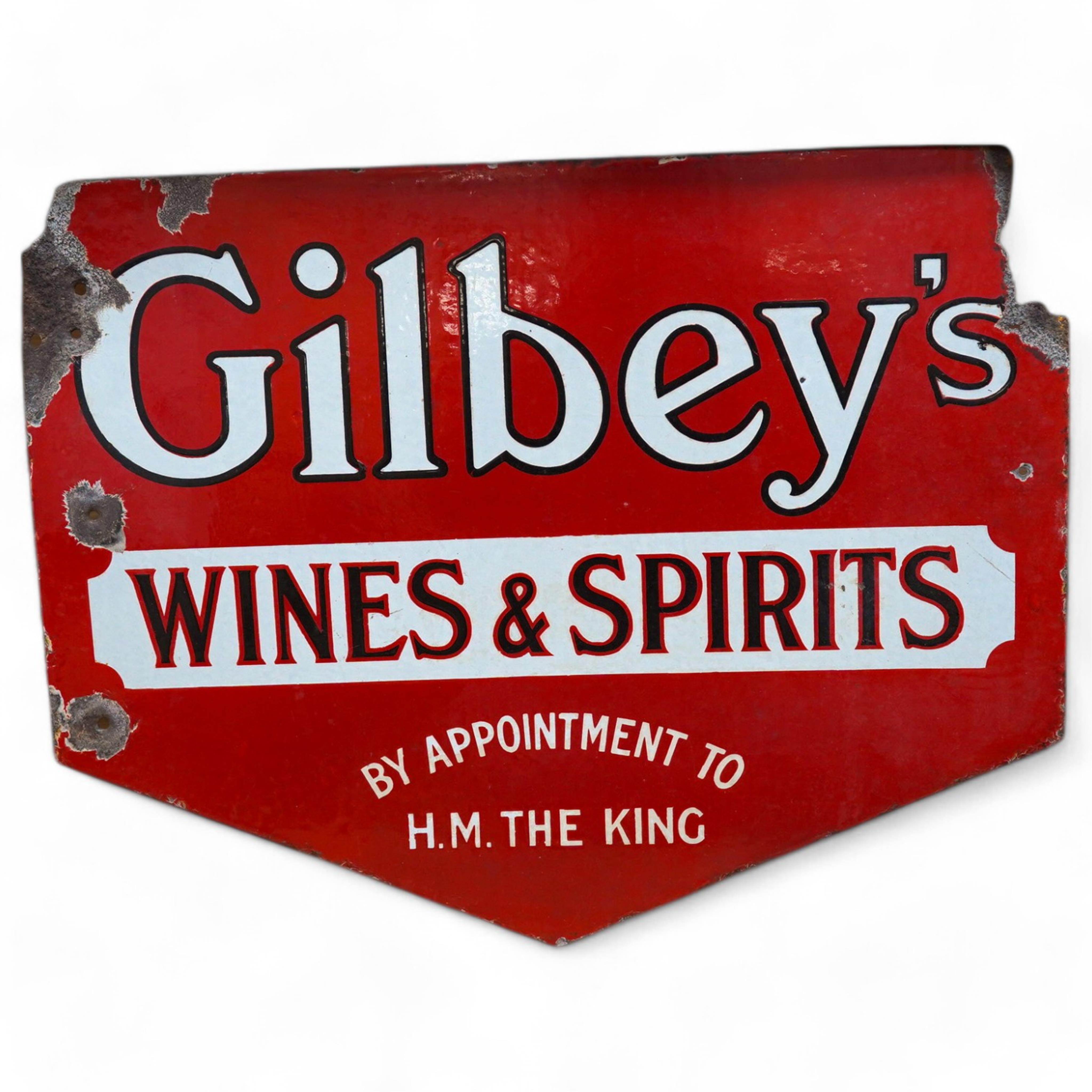 A 1930's double sided Gilbey's Wines & Spirits enamel sign, 41.5cm high. Condition - as per online images